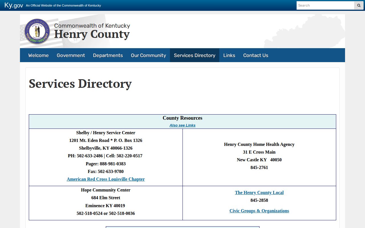Henry County official services directory with municipal resource links