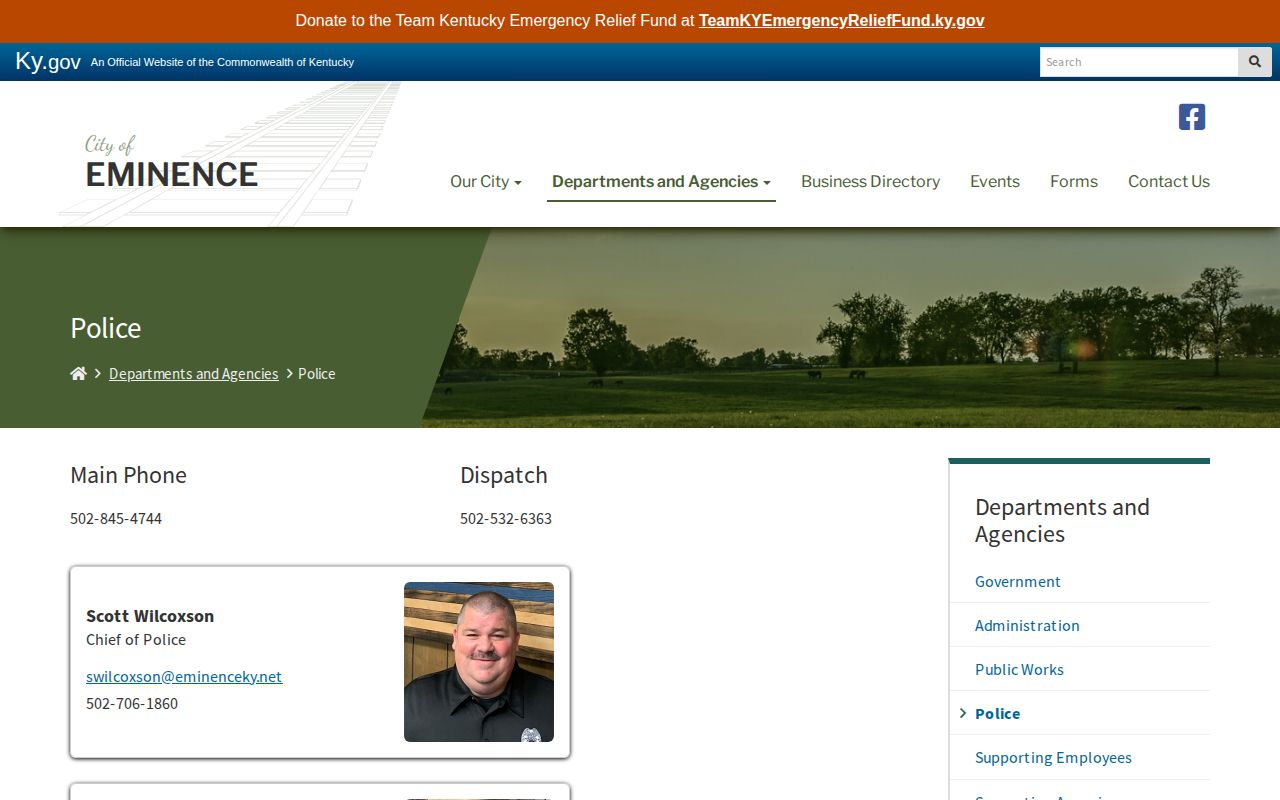 Official Eminence Police Department page showing local agency information