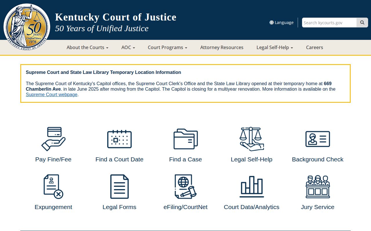 Kentucky Court of Justice case and court date search entry points