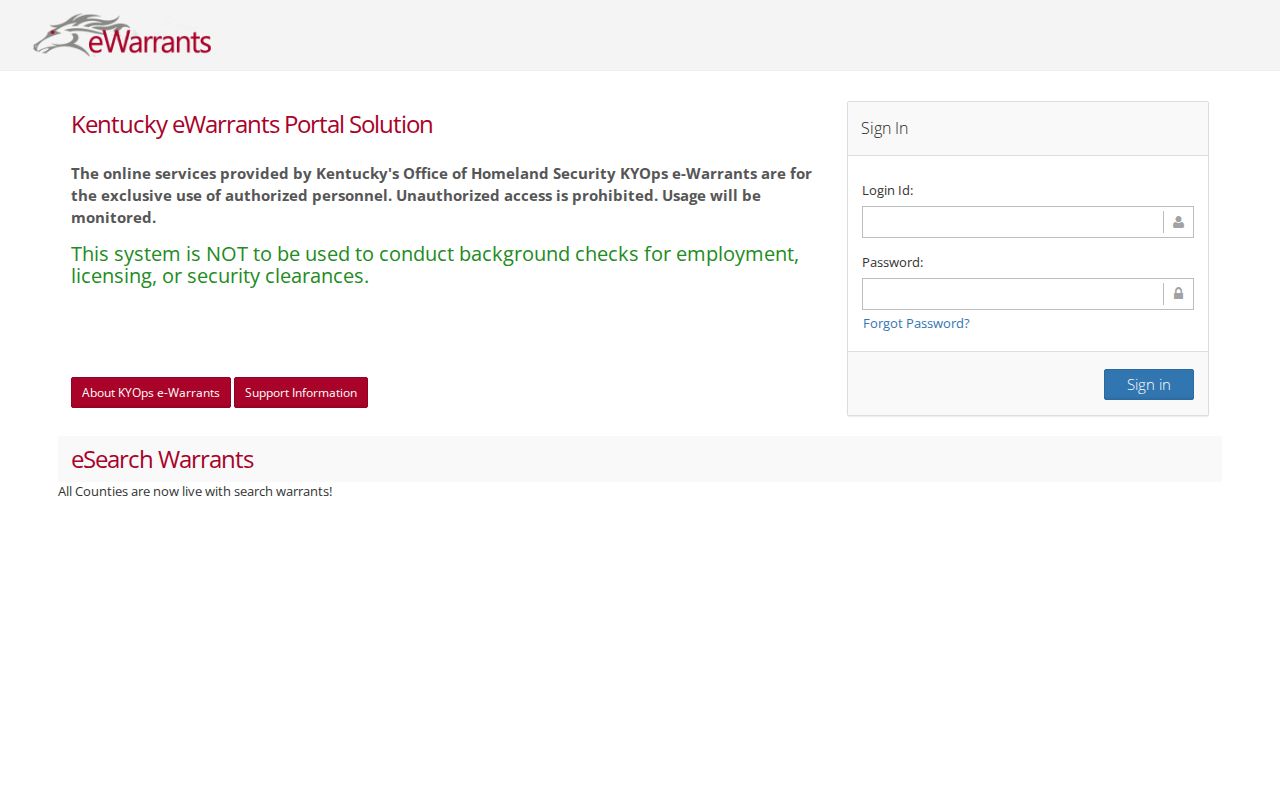 Kentucky eWarrants authorized user login page