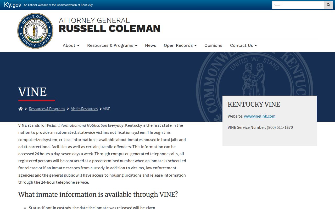Kentucky Attorney General VINE victim resources page