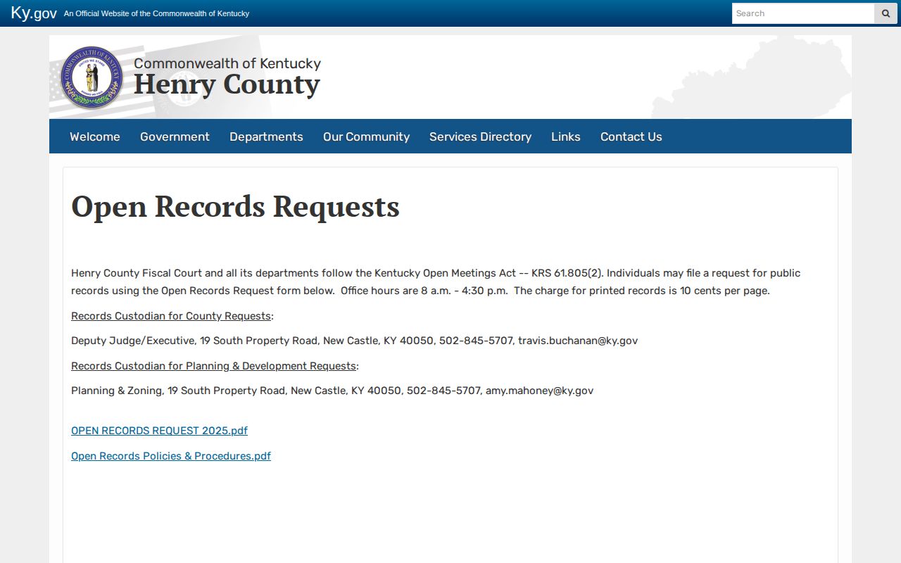 Henry County official open records request page for booking and photo requests