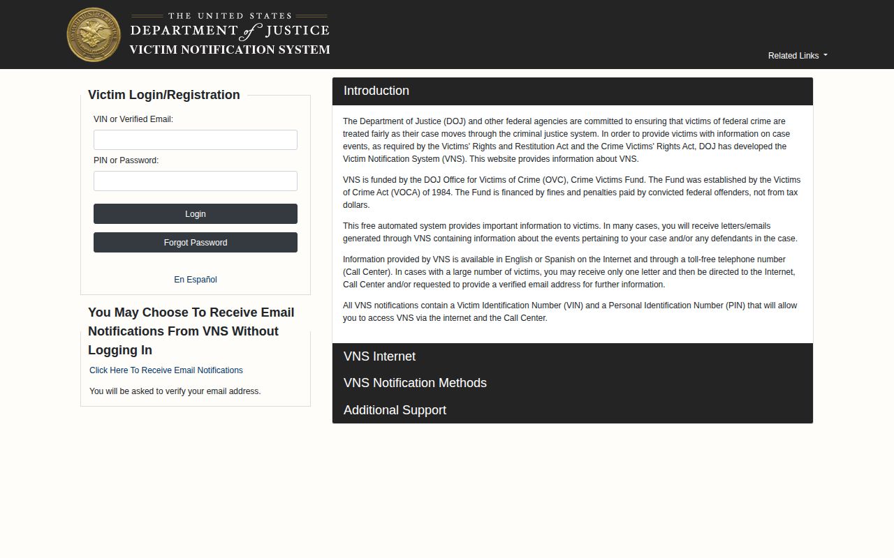 Federal Victim Notification System page separate from Kentucky VINELink
