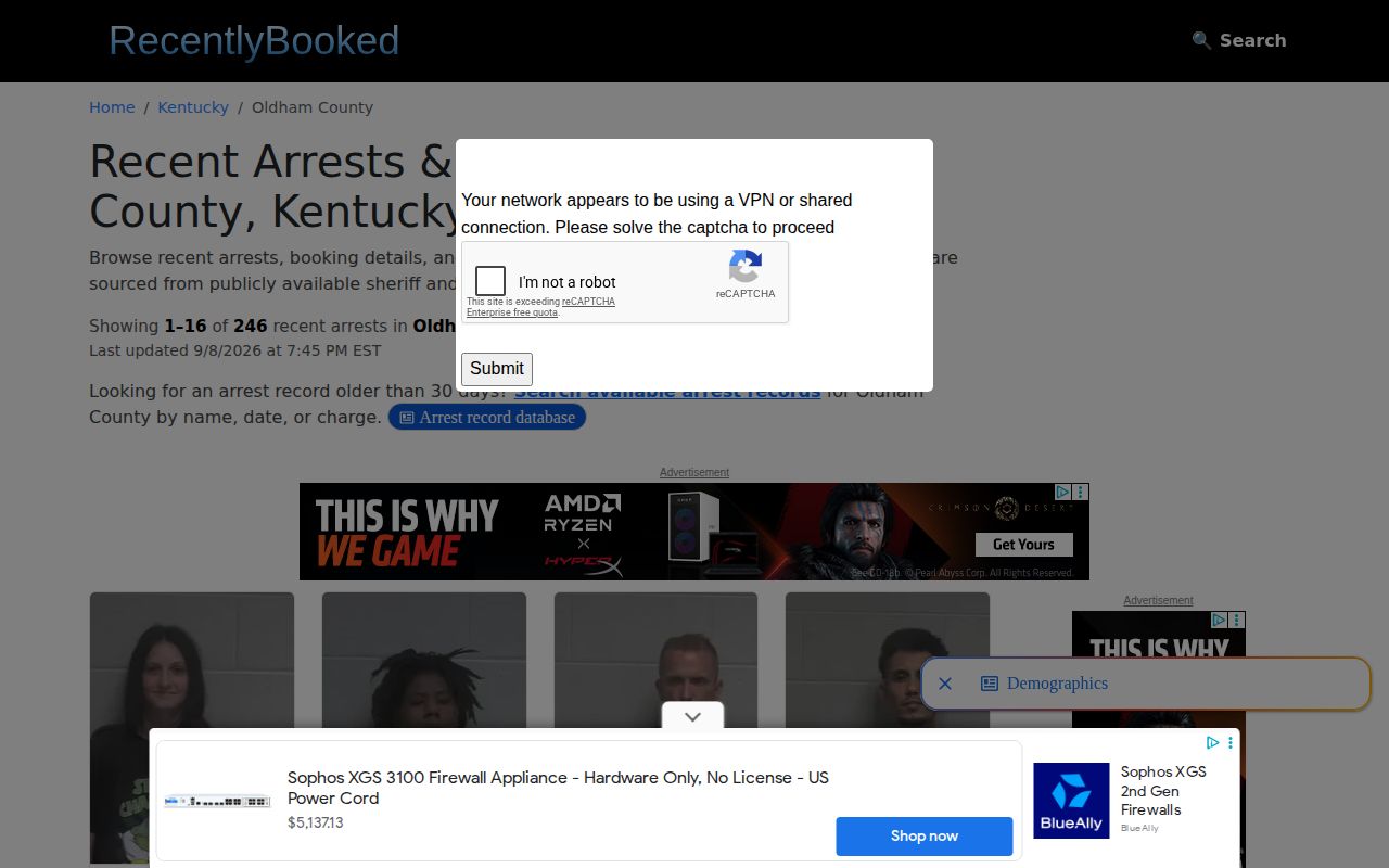 Unofficial RecentlyBooked Oldham County page relevant to the contracted OCDC facility
