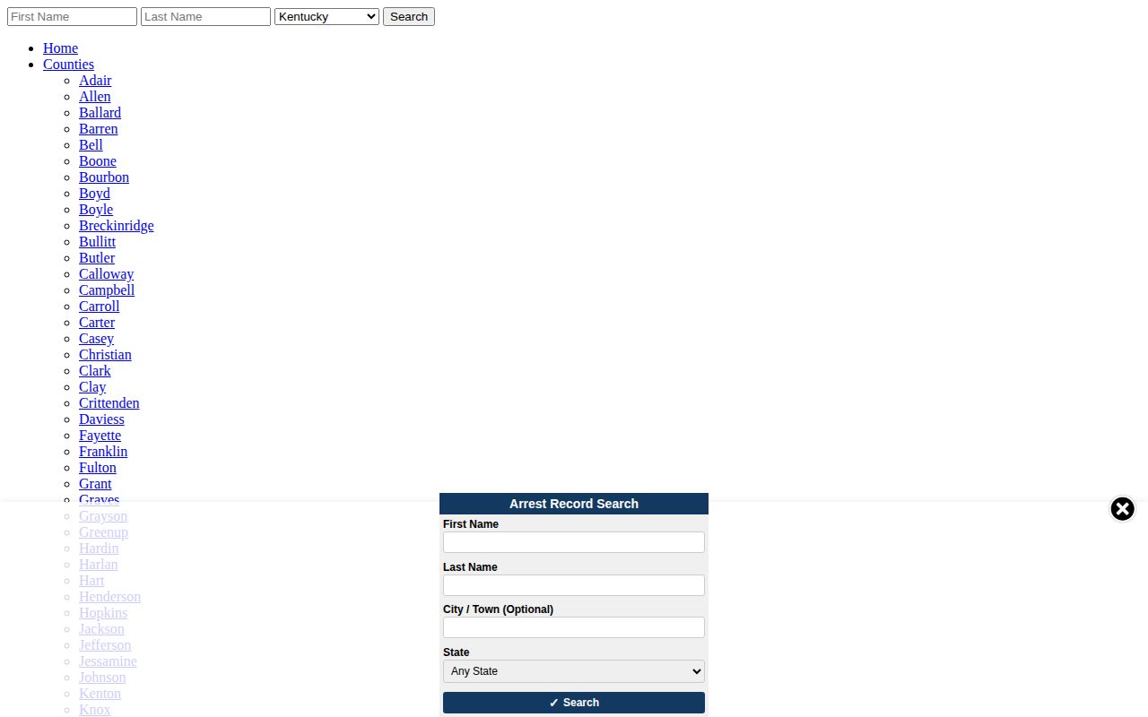 Unofficial Kentucky arrest page showing agency and county filters